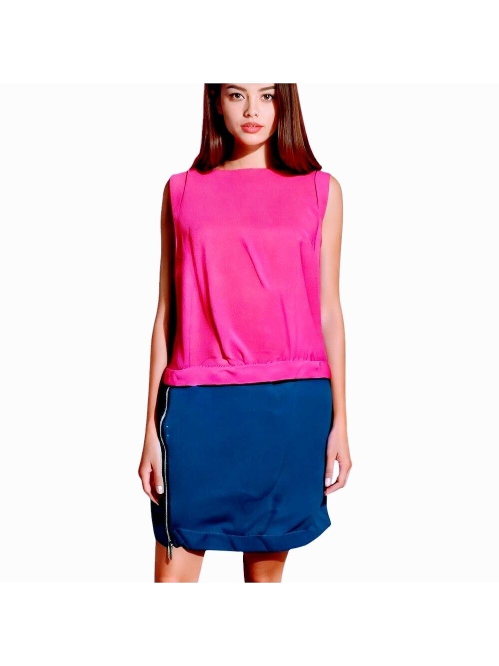 Astr Pink Blue Colorblock Front & Back Zip Sleeveless Mini Dress XS